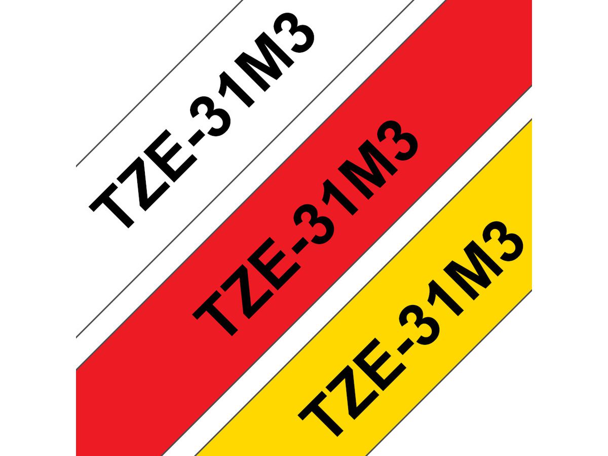 PTOUCH Bänder TZ-231/TZ-431/TZ-631 TZe-31M3 weiss/rot/gelb 12 mm (4977766697989)