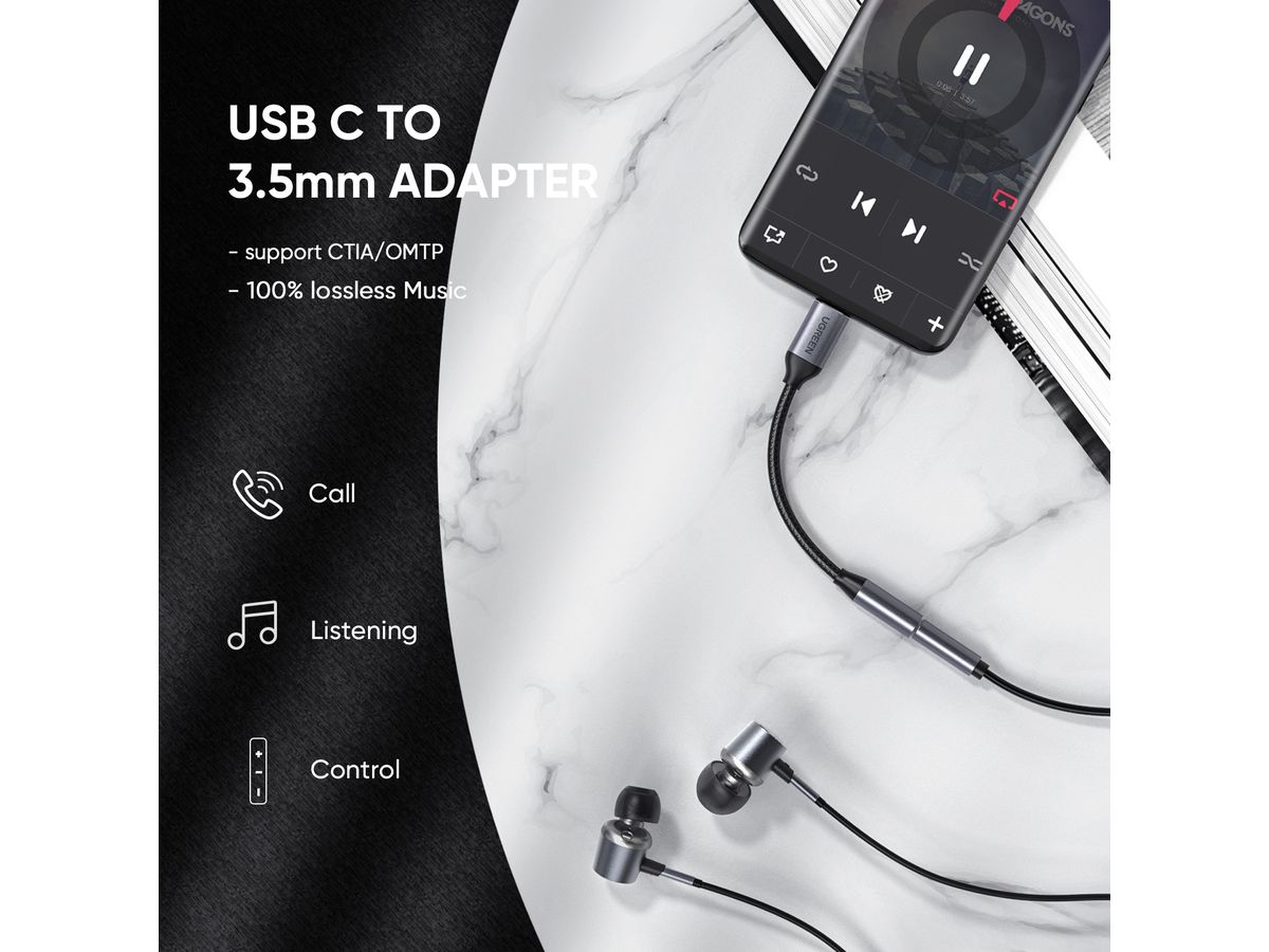 UGREEN USB-C to 3.5mm headphone 30632 jack adapter 10cm, Grey (6957303836321)