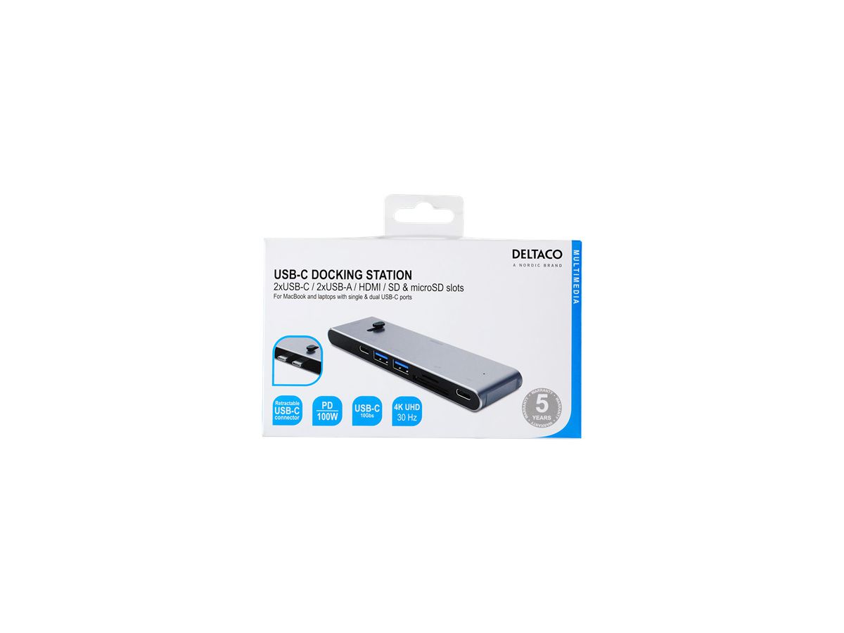 DELTACO USB-C Dockingsstation USBC-HDMI21 2xUSB-C,2xUSB-A,(mic)SD,HDMI (7333048047472)
