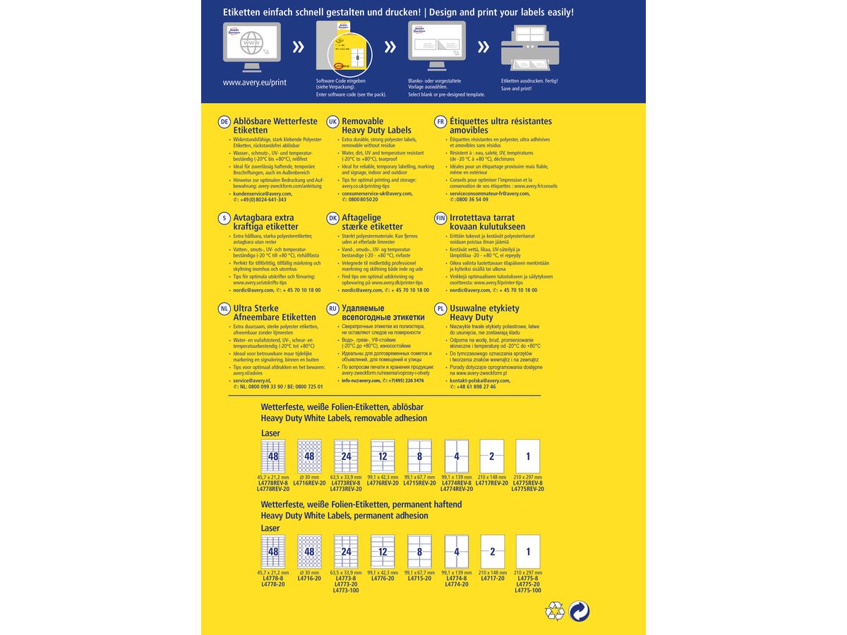 AVERY ZWECKFORM Folienetiketten 63,5x33,9mm L4773REV-20 weiss-non-perm.480 St./20 Bl. (4004182067529)