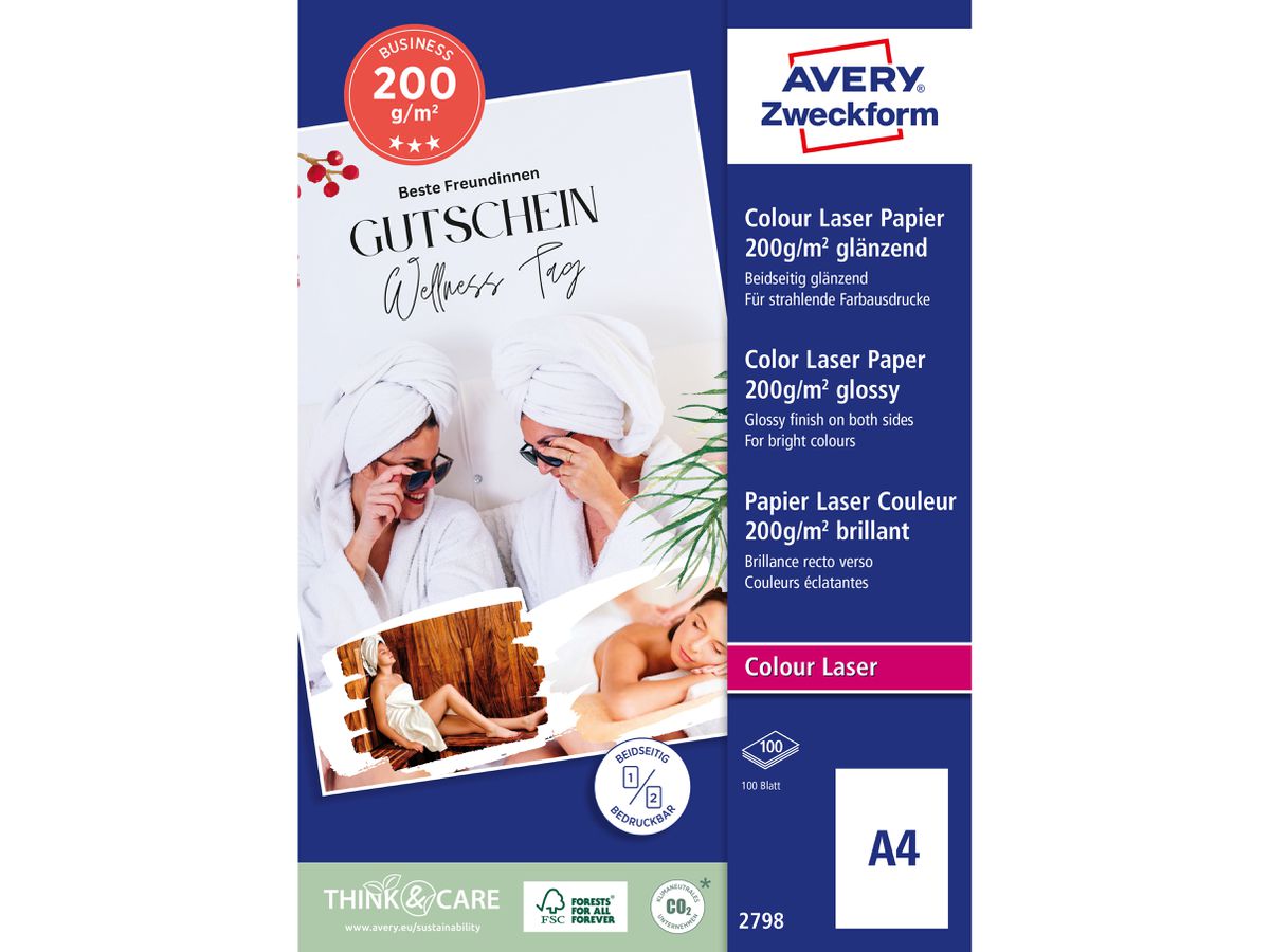 AVERY ZWECKFORM Laser Photo Paper A4 2798 200g, blanc 100 feuilles (4004182026021)