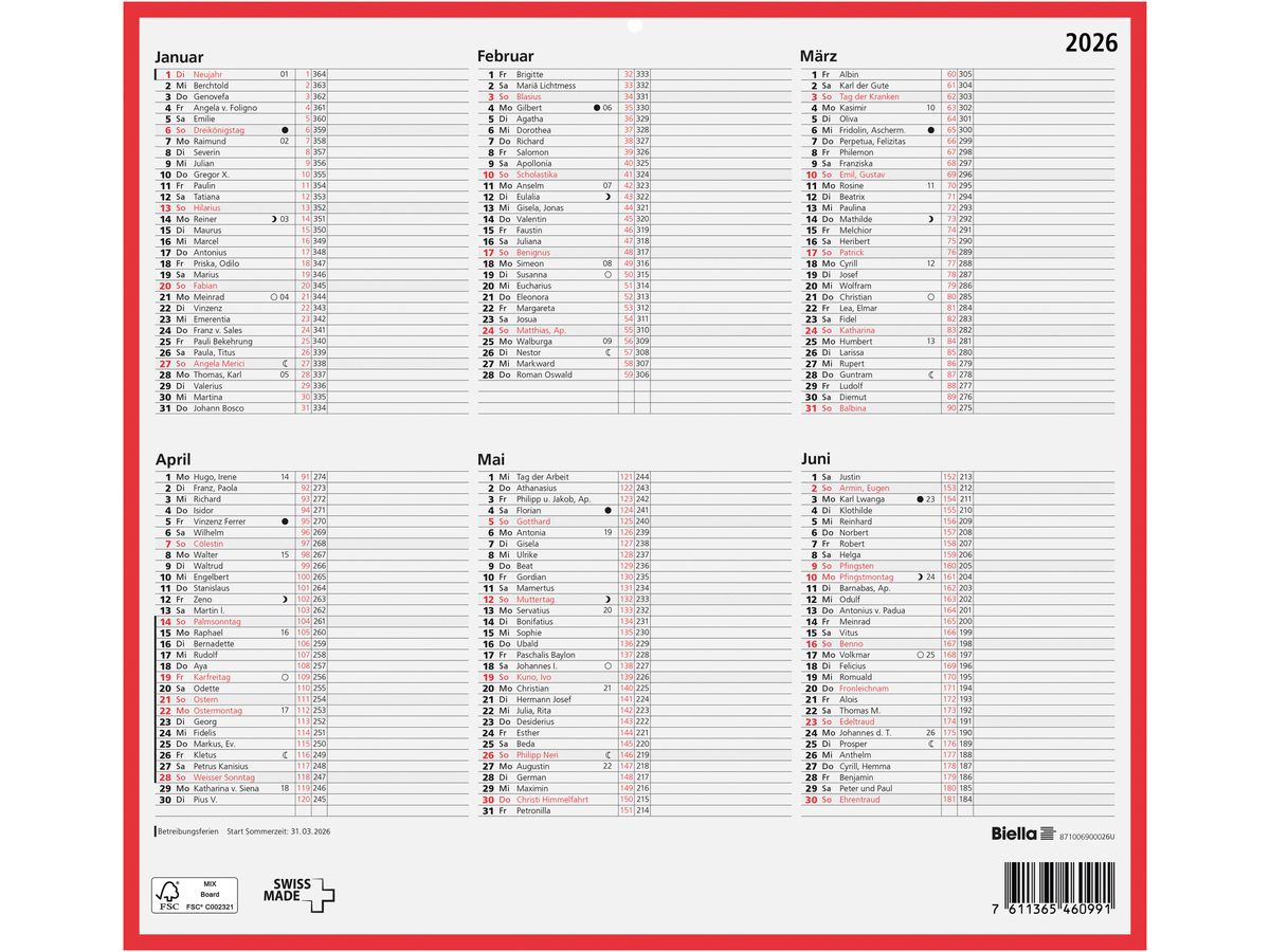 BIELLA Calendrier mural 2026 871006900026U 6M/1P rouge/blanc DE 32x29.7cm (7611365527366)