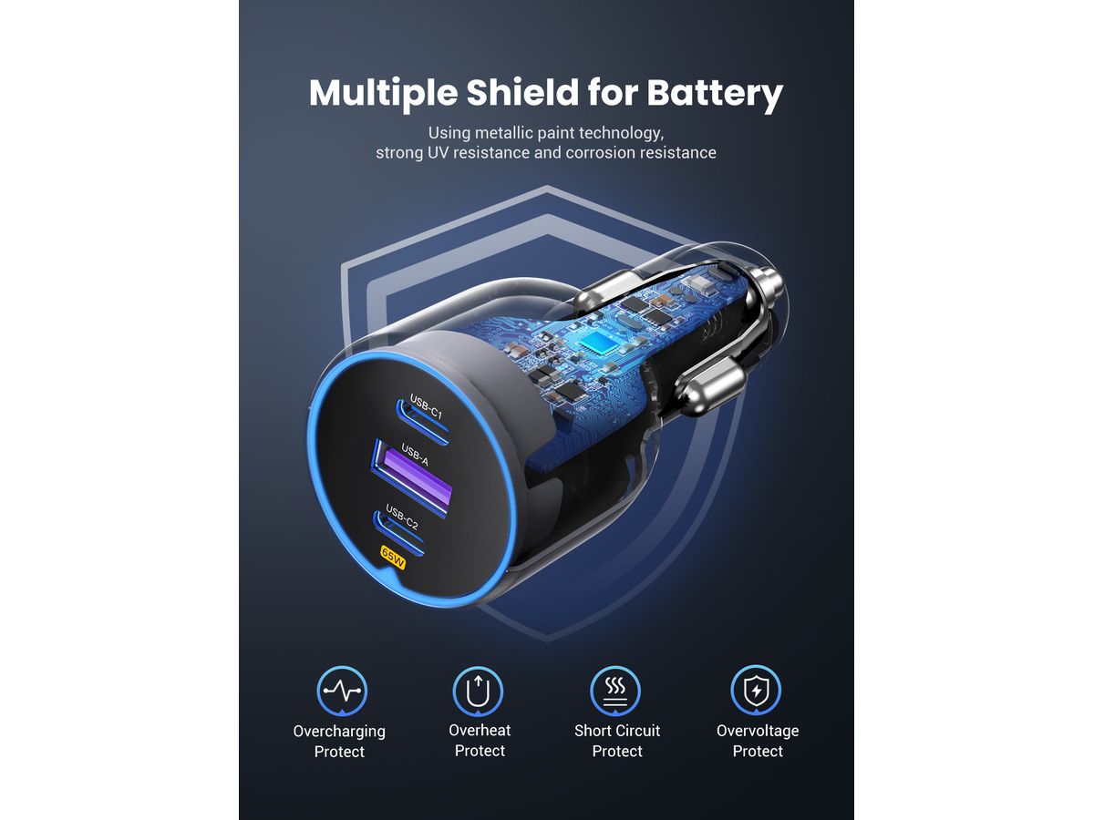 UGREEN Fast Car Charger 75W 3-Port 35024 2x USB-C, 1x USB-A (6941876230242)