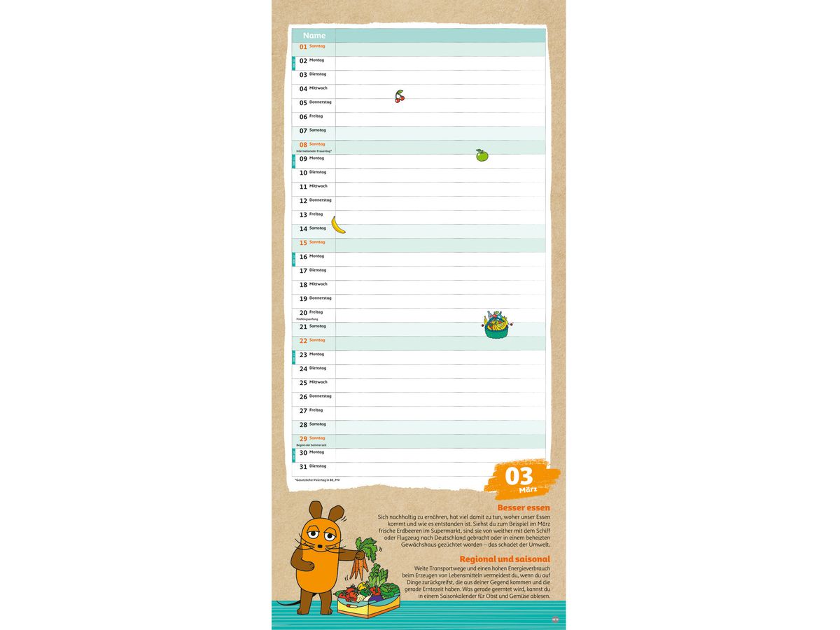 HEYE Calendario familiare 2026 23645+26 Nachhaltig Planen Maus 21x45cm (9783756414253)