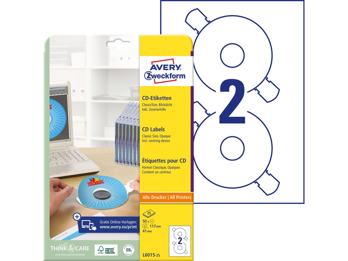 AVERY ZWECKFORM CD-Etiketten 117mm L6015-25 Universal, weiss 25Bl./2Stk. (4004182060155)