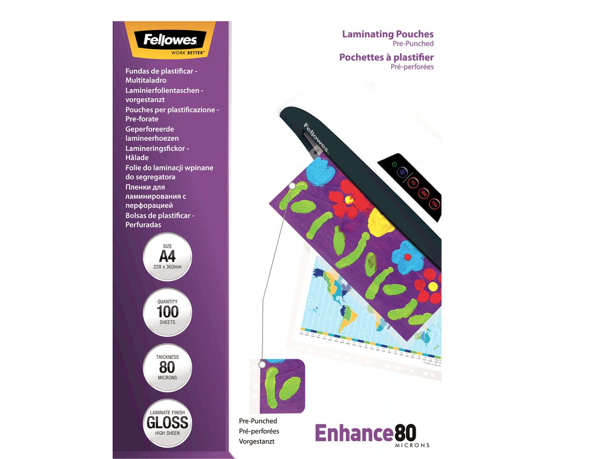 FELLOWES Laminierfolien Enhance 80g A4 5452502 gelocht 100 Stück (0043859521821)