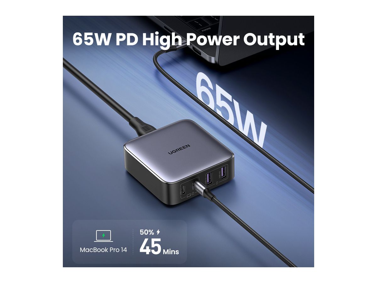 UGREEN USB Desktopcharger Nexode 90747 65W,2xUSB-A+USB-C, Black (6957303897476)