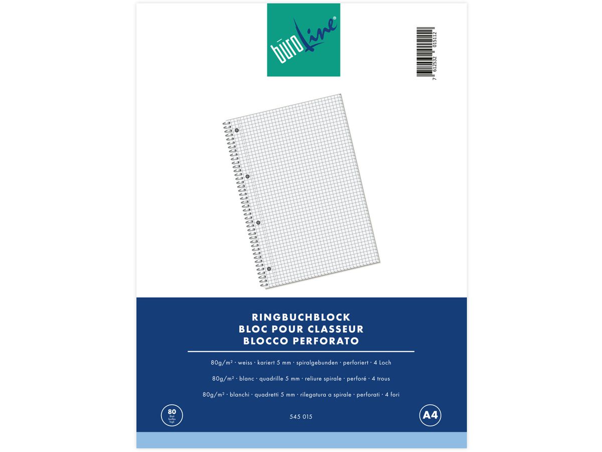 BÜROLINE Bloc carnet à anneaux A4 545015 quadrillé, 80g,5mm 80 feuilles (7612532015112)