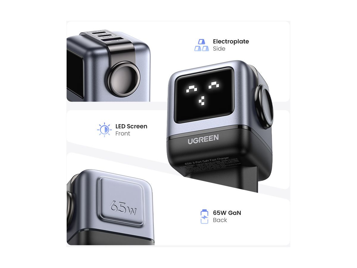 UGREEN Nexode RG 65W 3-Port GaN 25685B 2x USB-C,1xUSB-A, Black (6941876236688)