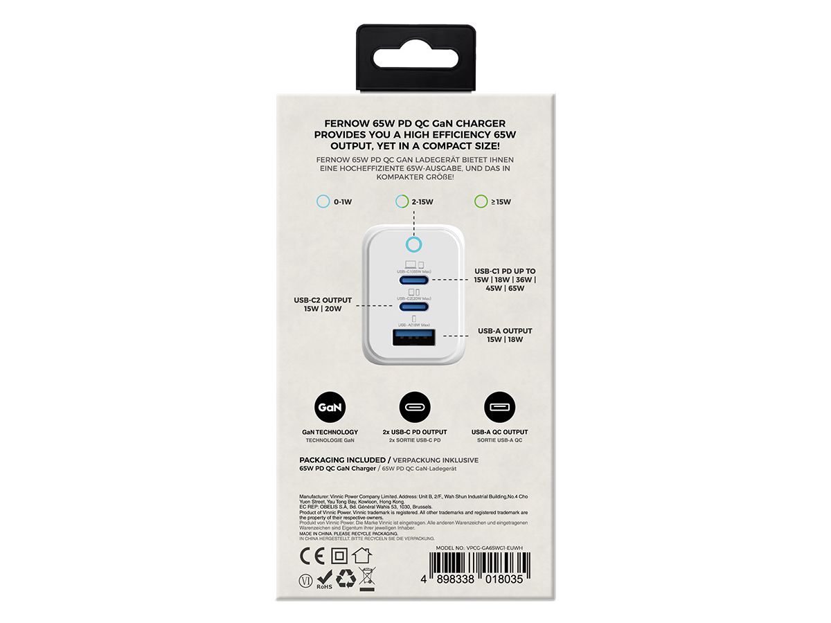 VINNIC FERNOW GaN 65W,Wallcharger VPCG-GA65WG1-EUWH 2x USB C, 1x USB-A, White (4898338018035)