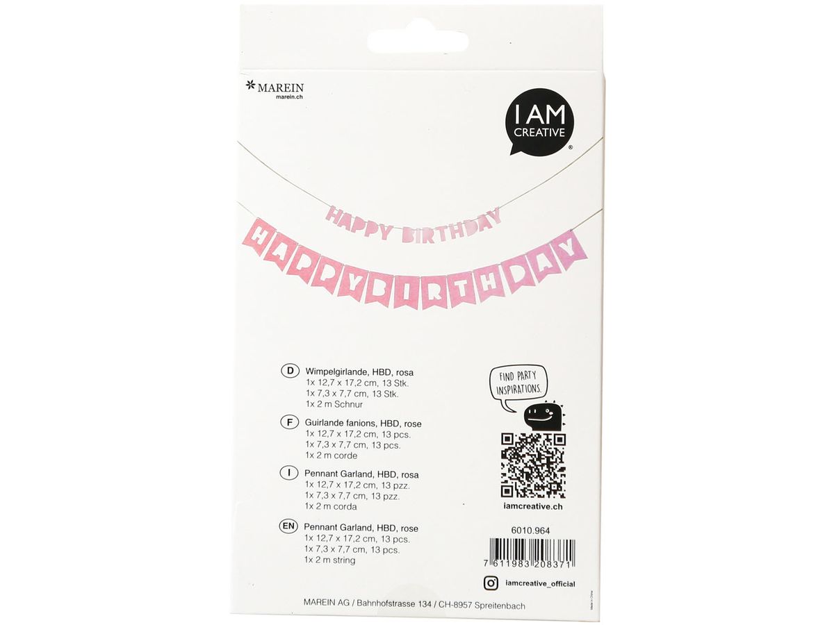 I AM CREATIVE Girlande, Birthday,rosa,230cm 6010.964 2 Stück (7611983208371)