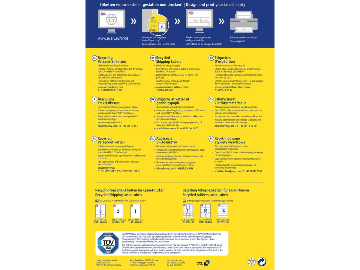 AVERY ZWECKFORM Etichette indir. 199,6x143,5mm LR7168100 recycling 200 pezzi (4004182651643)