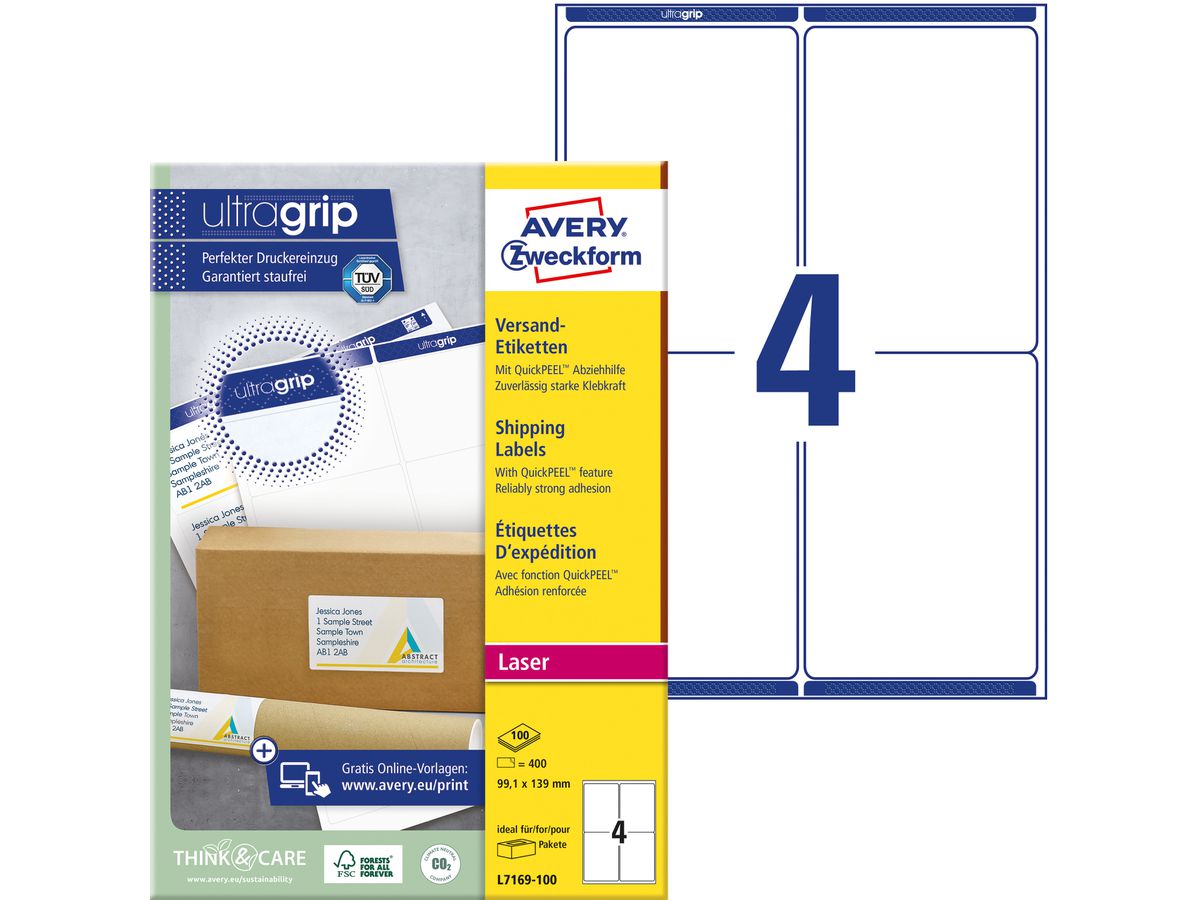AVERY ZWECKFORM Versandetiketten 99,1x139mm L7169-100 weiss 400 Stk./100 Blatt (4004182471692)
