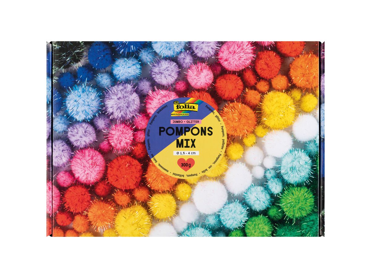FOLIA Pompons Mix glitter 300g 50339 Jumbo Pack, 1.5-4cm (4001868136494)