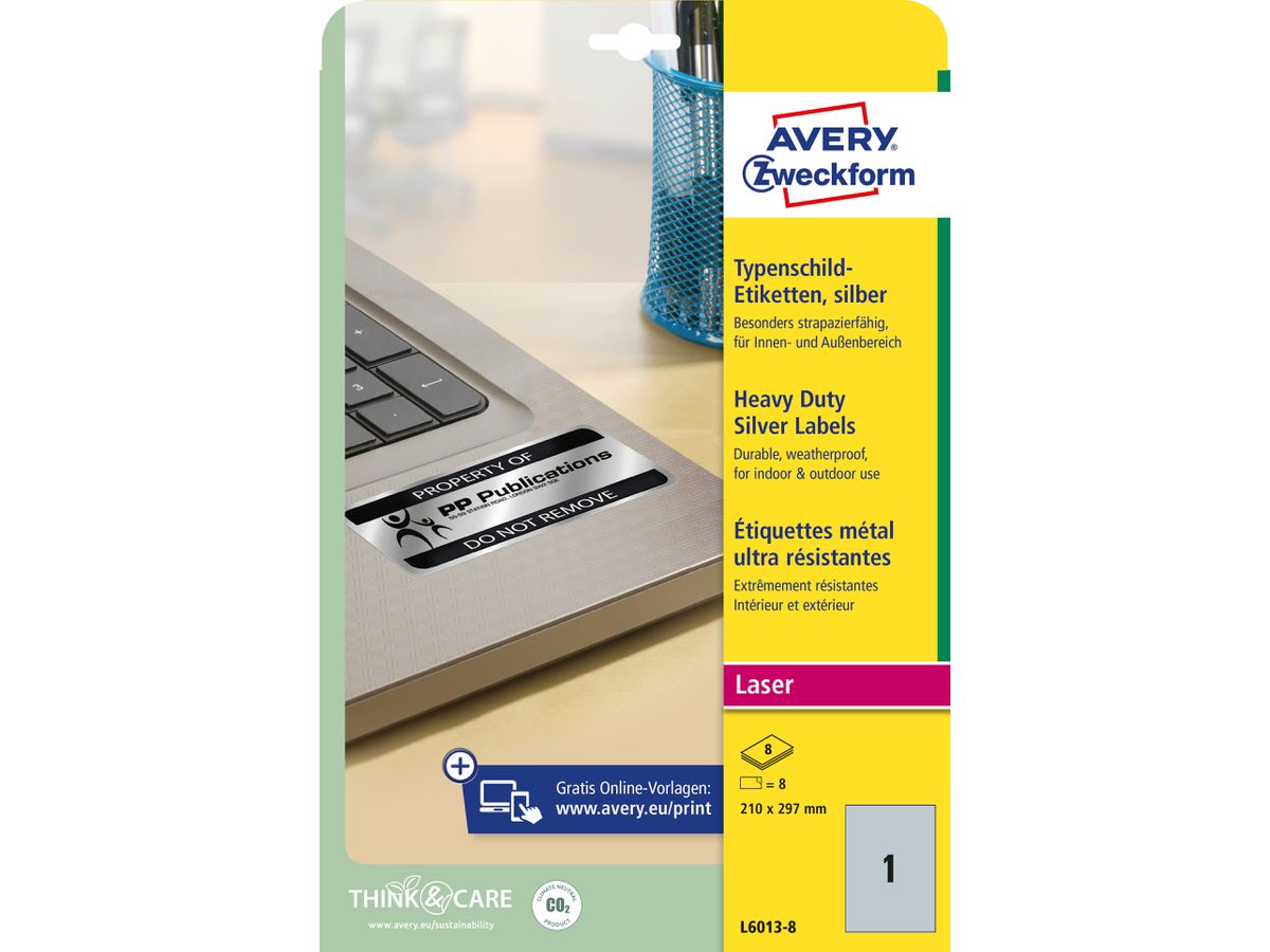 AVERY ZWECKFORM Typenschild-Labelst. 210x297mm L6013-8 silber 8 Stück/8 Blatt (4004182076132)