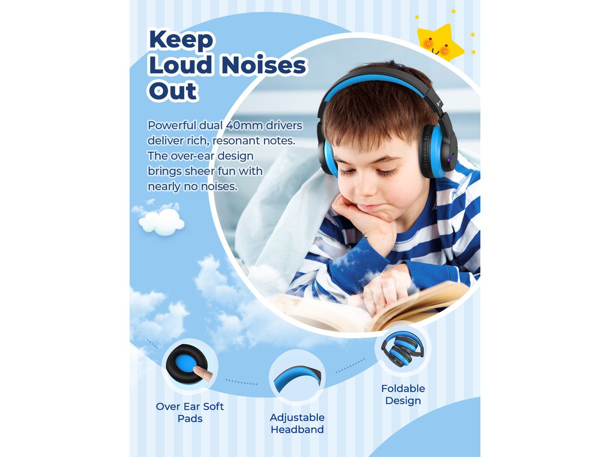 ICLEVER Kids Bluetooth Headphones C03-1702N-32 BTH12, LED, 55h, black (6934911798388)