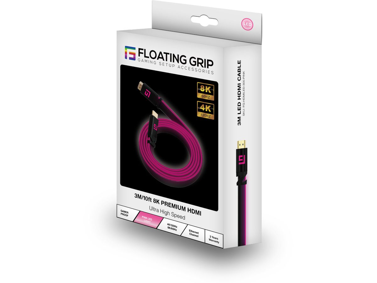 FLOAT GRIP High-Speed LED HDMI Cable FG-HDMILED-300-PINK 3M, v2.1 Pink (5713474051069)