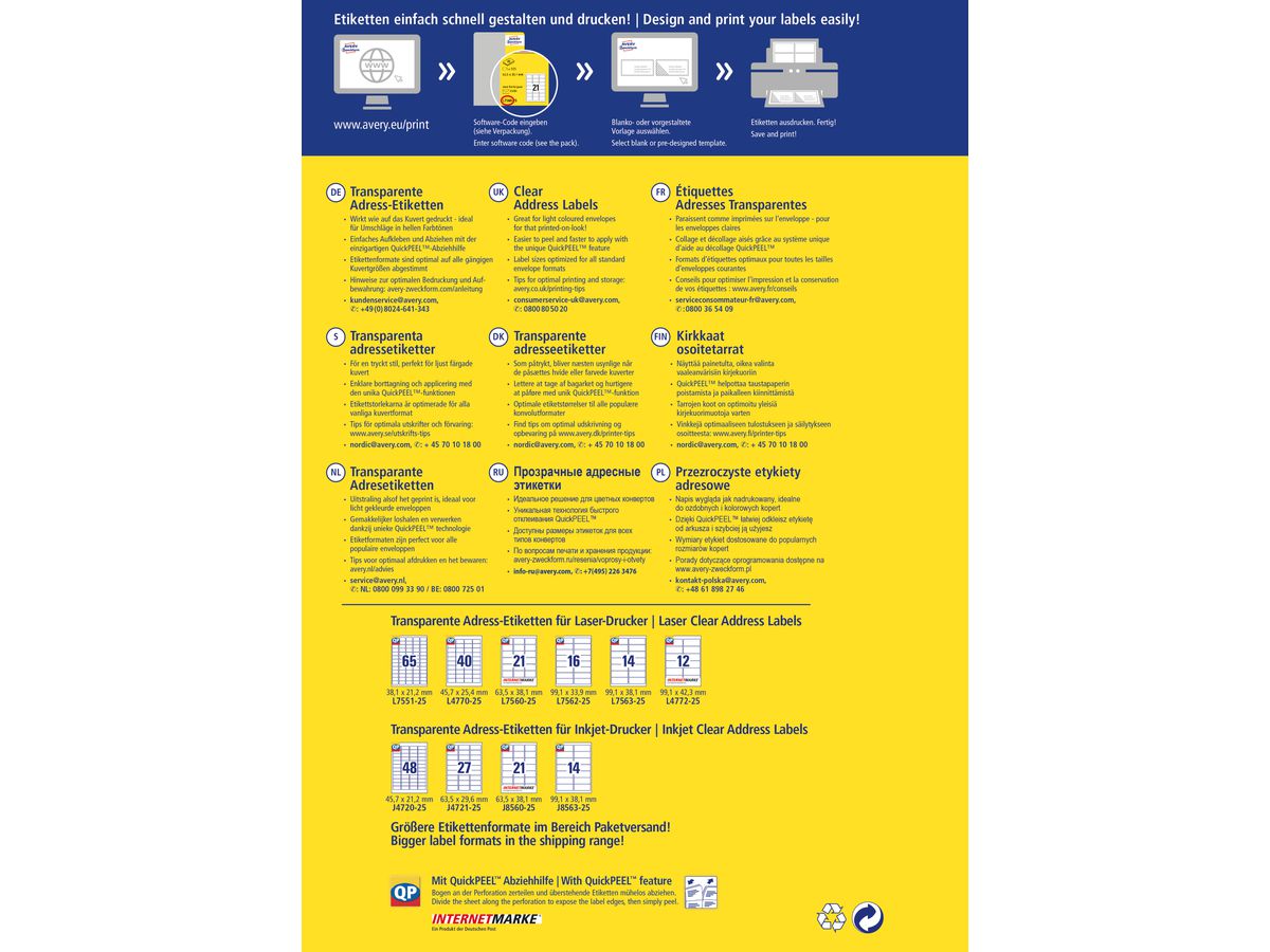 AVERY ZWECKFORM Etichette laser 38x21,2mm L7551-25 trasparente 1625 pz./25 fl. (4004182967454)