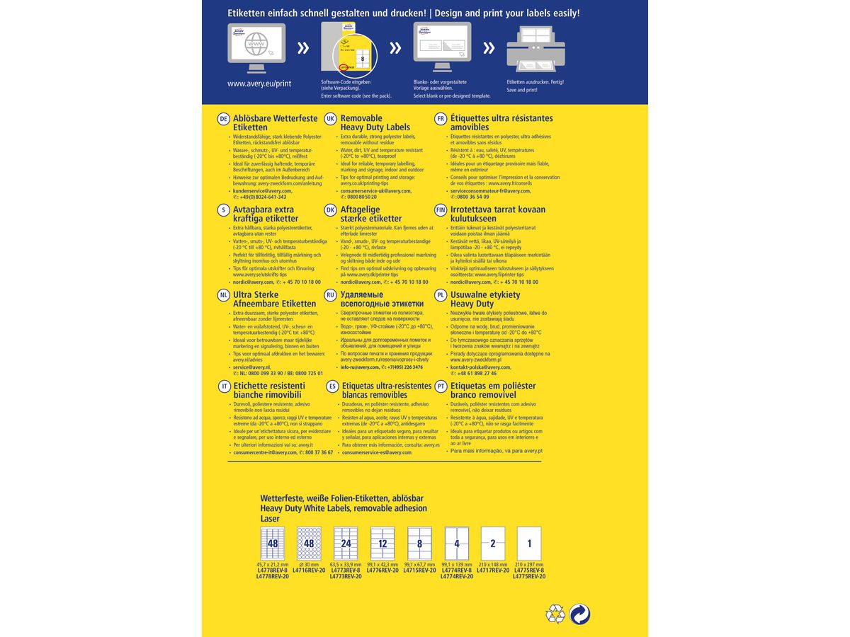 AVERY ZWECKFORM Etiketten Laser 45,7x21,2mm L4778REV8 weiss,wetterfest,ablösbar 8 B. (4004182076040)