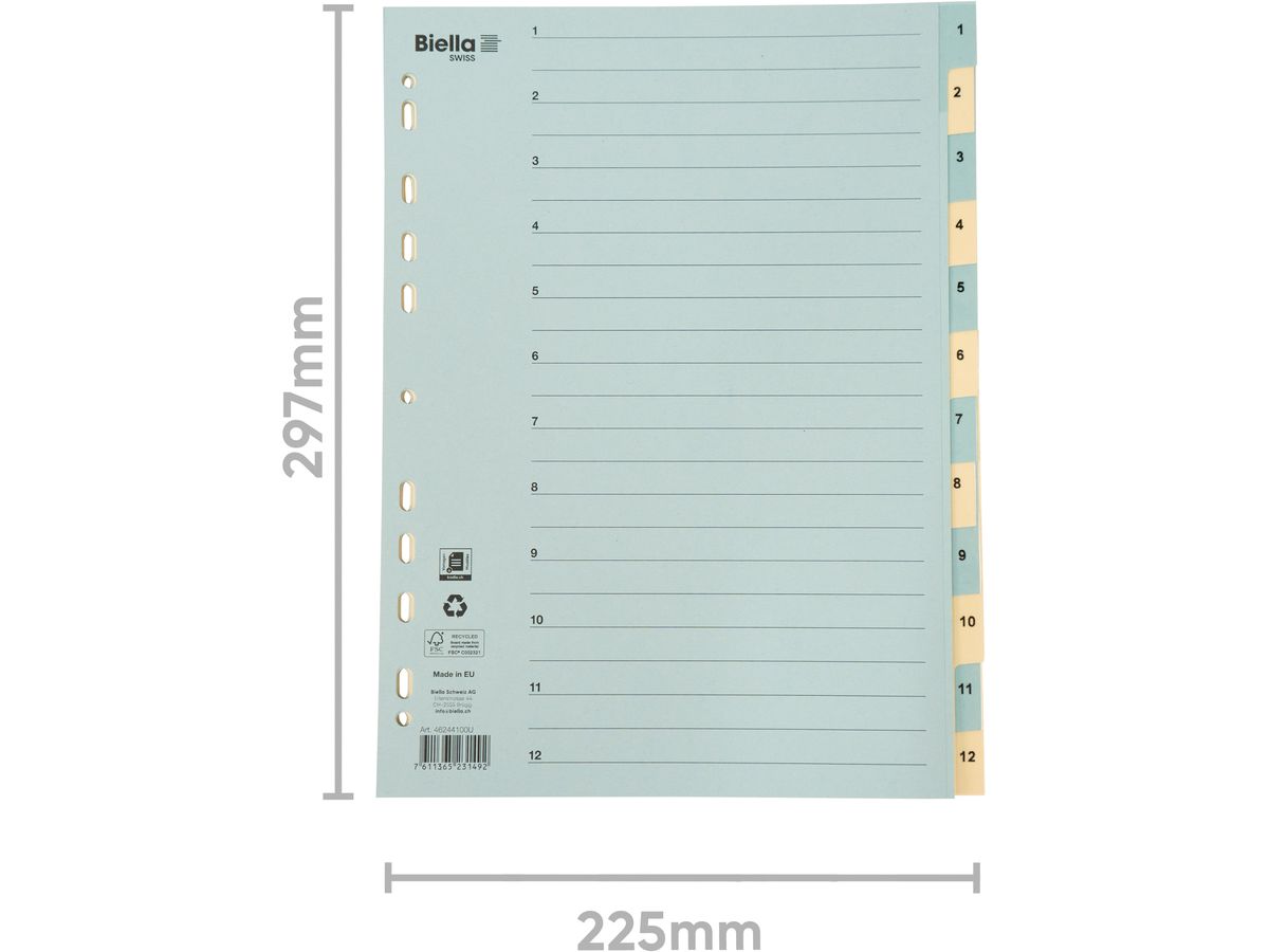BIELLA Répertoires carton 210g A4 46244100U bleu/jaune 1-12 (7611365231492)