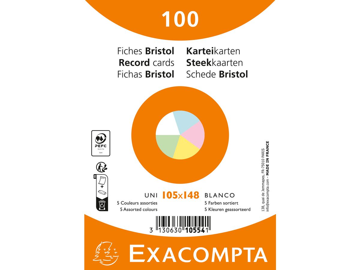 EXACOMPTA Karteikarten blanco A6 10554E farbig assortiert 100 Stück (3130630105541)