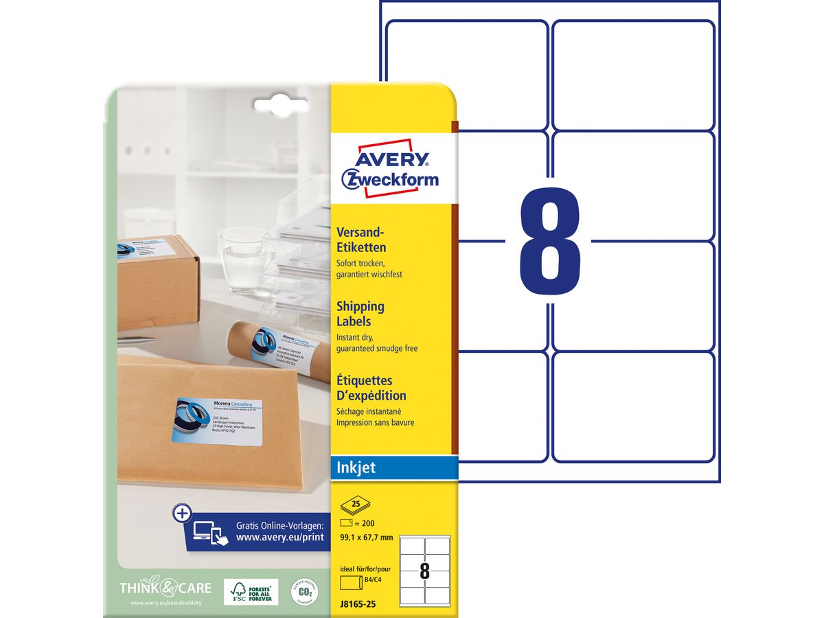 AVERY ZWECKFORM Etichette indirizo 99,1x67,7mm J8165-25 bianco 200 pezzi (4004182235287)