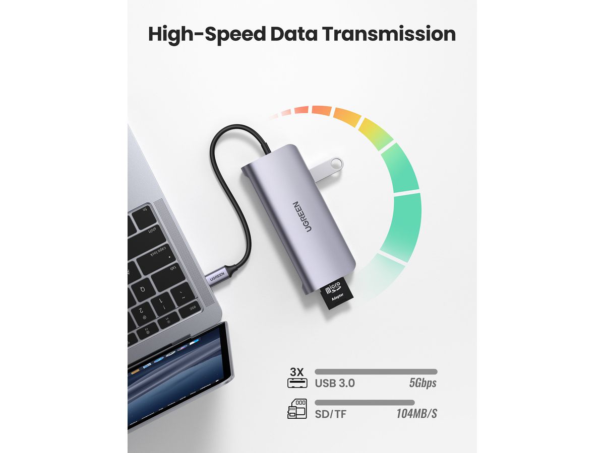 UGREEN USB-C Hub 9in1 HDMI ,VGA,RJ45 40873 SD TF,3xUSB-A,USB-C PD,silver (6957303848737)