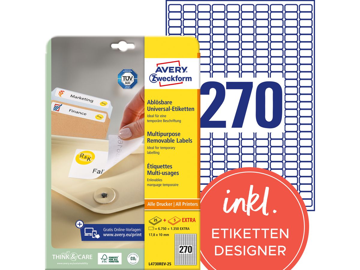 AVERY ZWECKFORM Universal-Etikett. 17,8x10mm L4730REV-25 weiss 8100 Stk./25 + 5 Blatt (4004182047309)