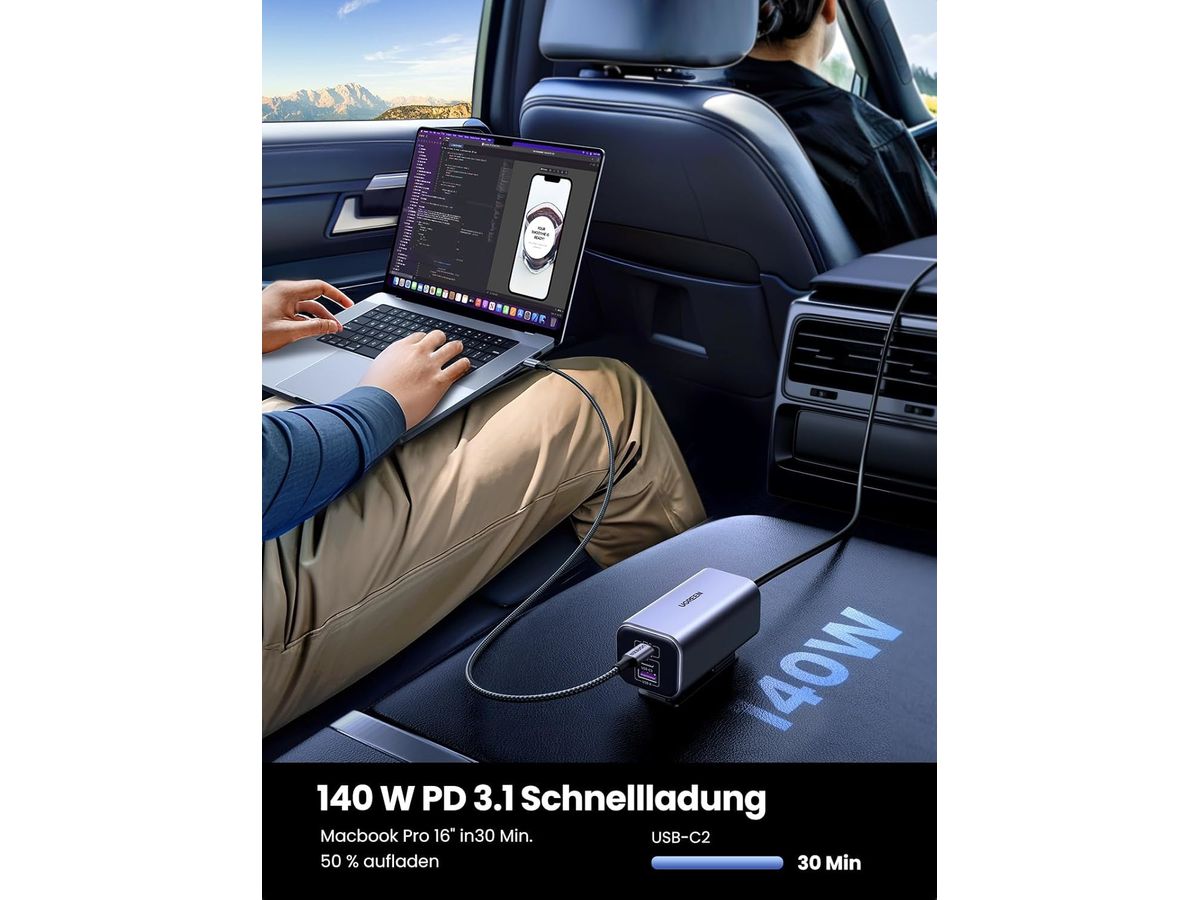 UGREEN Car Charger 150W,USB-C GaN 35571 USB-A+2xUSB-C Charging Hub (6941876235711)