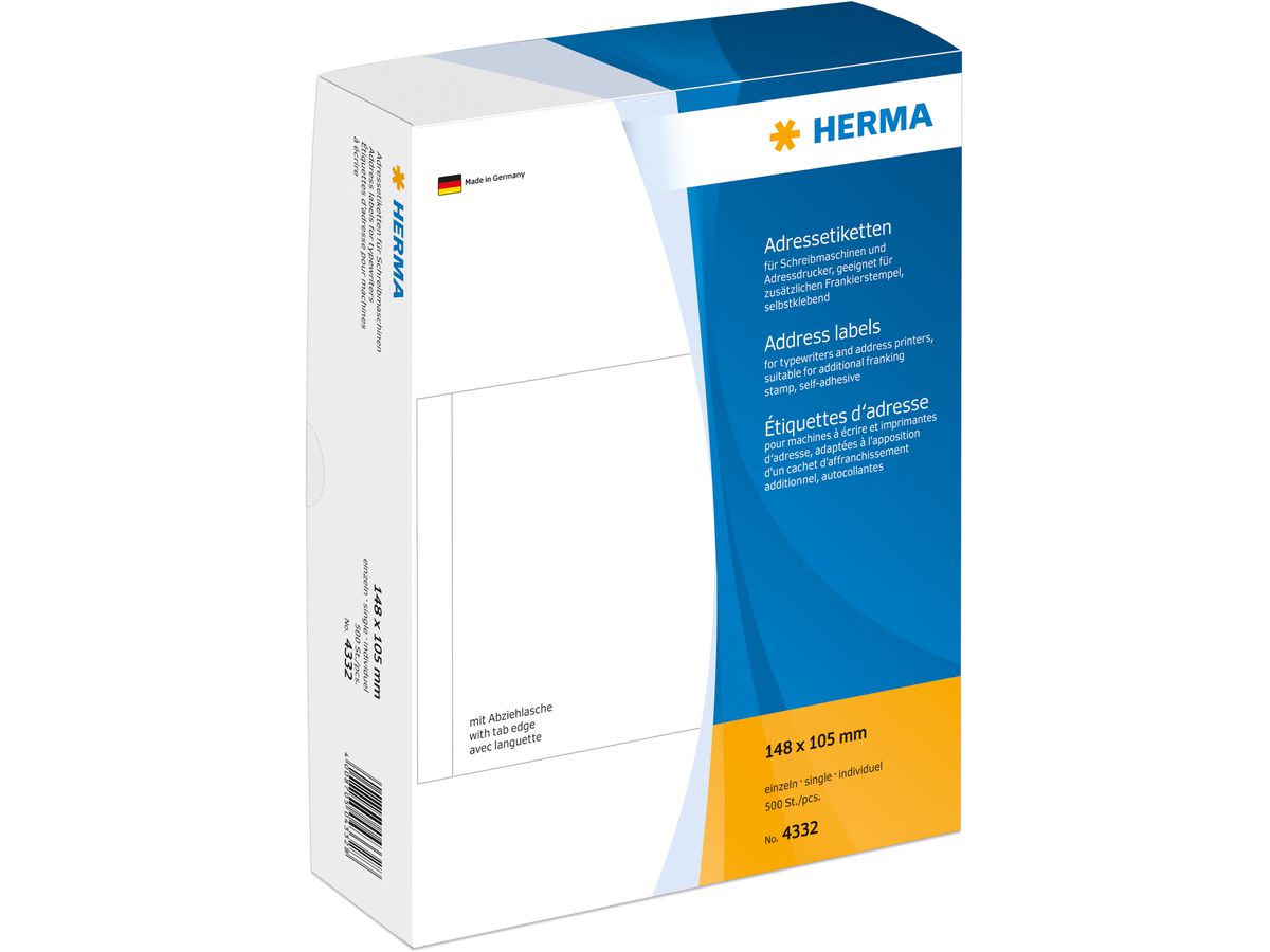 HERMA Etiquettes adress. 148x105mm 4332 blanc, non-perm. 500 pcs. (4008705043328)