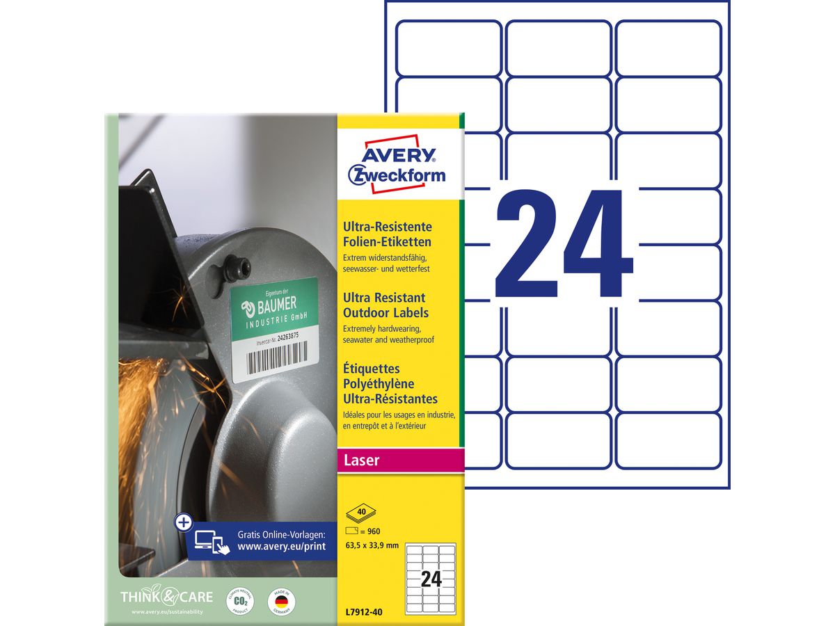 AVERY ZWECKFORM Etiquettes 63.5x33.9mm L7912-40 blanc, mat, A4 40 flls. (4004182049990)