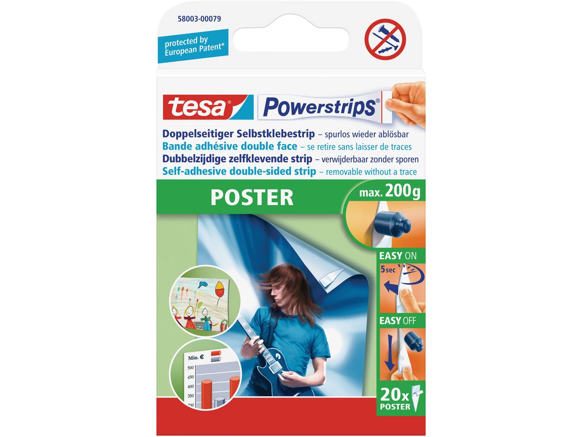 TESA Powerstrips Poster 20 Stück 580030007 ablösbar, Belastbarkeit 200g (4042448103918)
