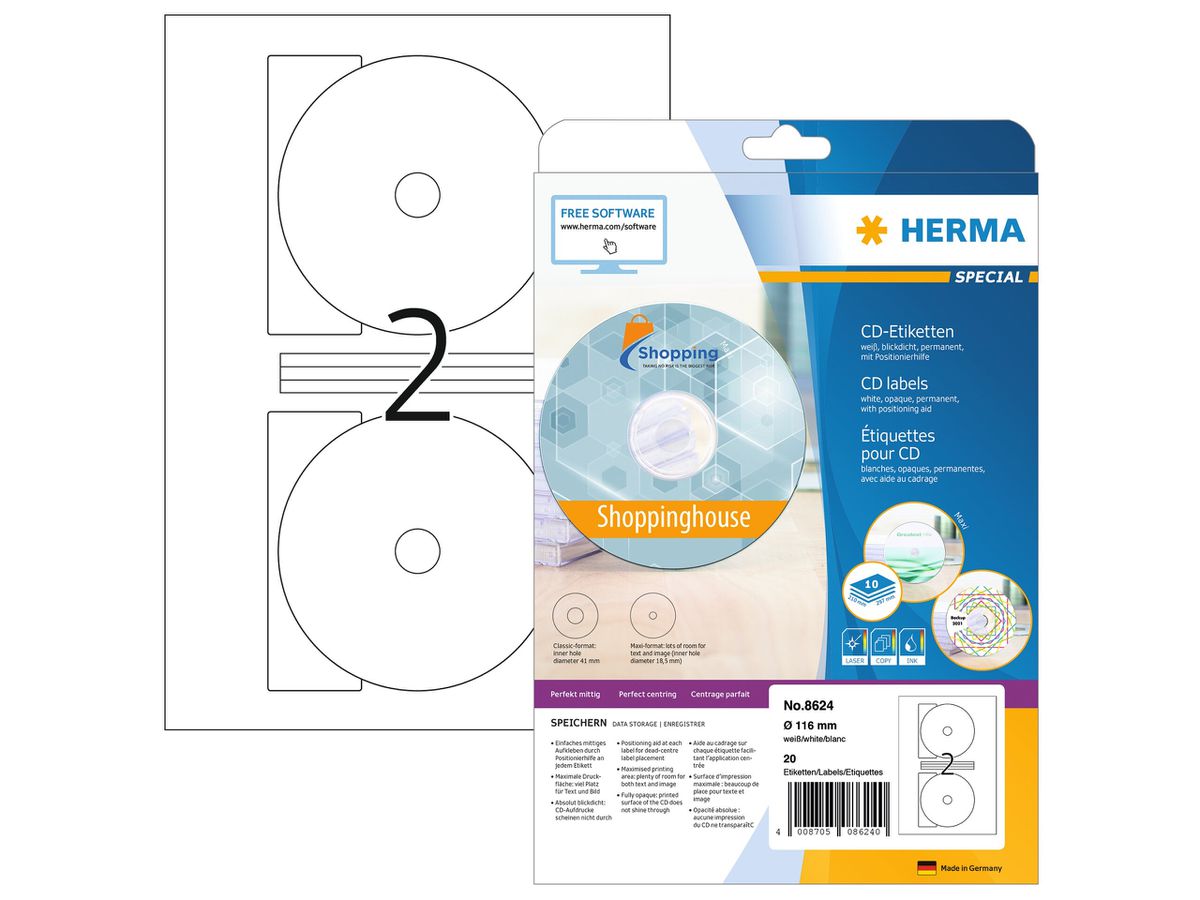 HERMA CD Labels, bianco, 116mm 8624 20 Stk. / 10 fogli (4008705086240)