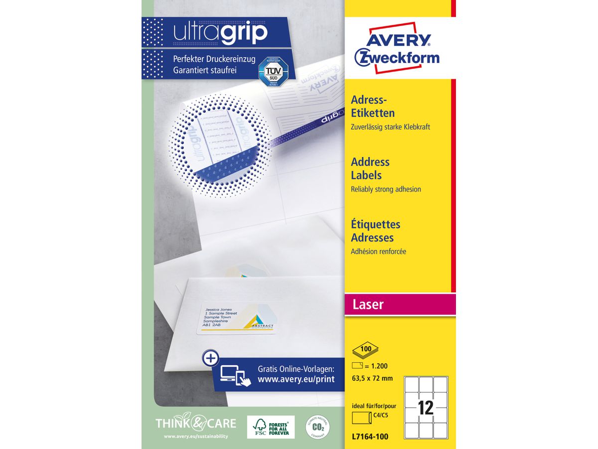 AVERY ZWECKFORM Adressetiketten 63,5x72mm 7164-100 weiss 1200 Stk./100 Blatt (4004182239063)