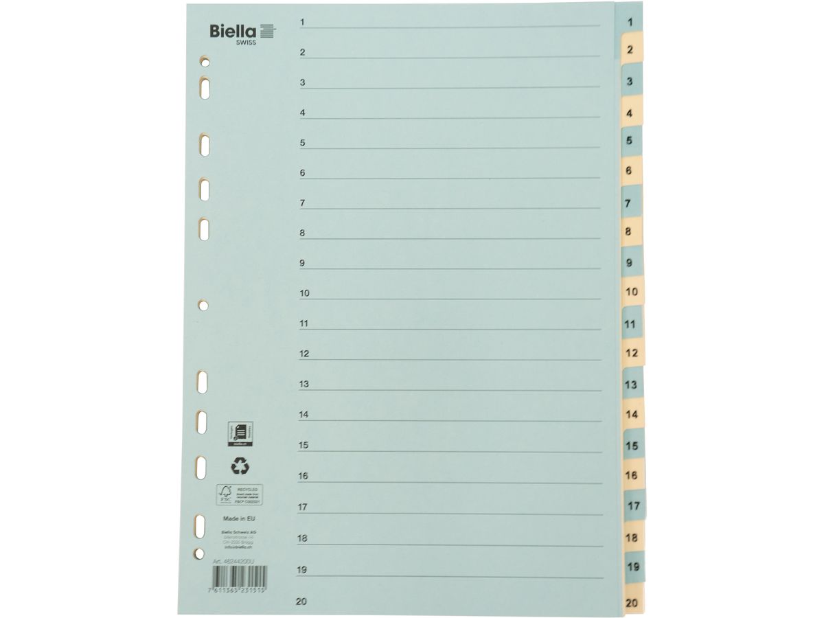 BIELLA Répertoires carton 210g A4 46244200U bleu/jaune 1-20 (7611365231515)