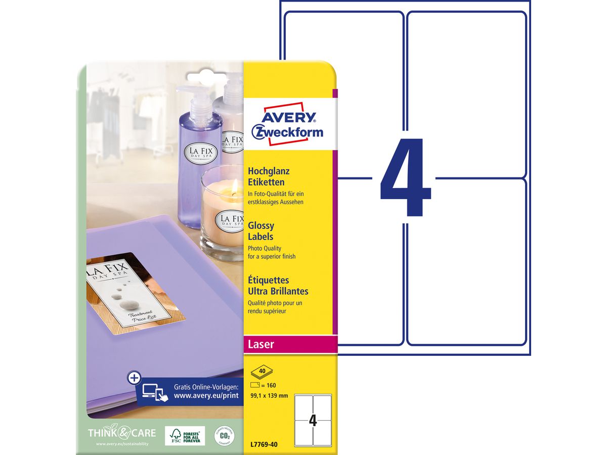 AVERY ZWECKFORM Etichette 99,1x13mm L7769-40 bianco, glossy 160 pezzi (4004182230275)