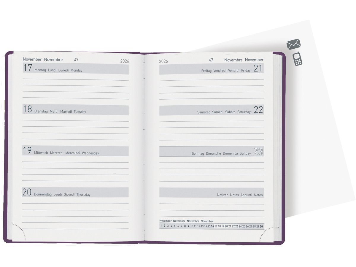 BIELLA Taschenagenda Memento 2026 825715420026U 1W/2S violett ML 10.1x14.2cm (7611365525942)