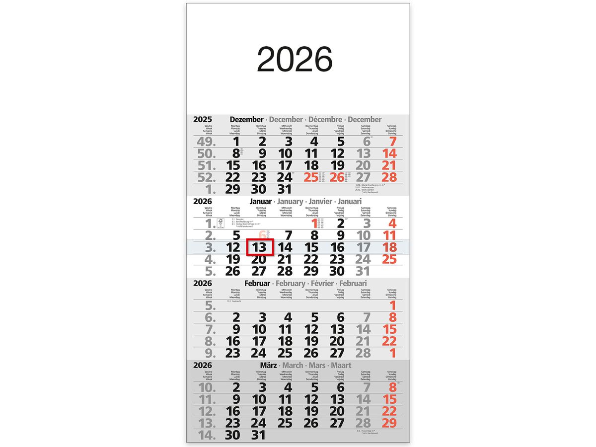 BÜHNER 4-Monatskalender 2026 M4MF-R-BLOCK ML 30x59cm (4260256370326)