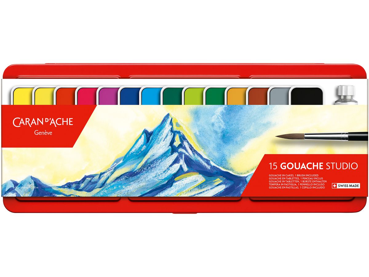 CARAN D'ACHE Gouache Studio Wasserfarben 1000.315 14 Farben, 1 x weiß + Pinsel (7610186143151)