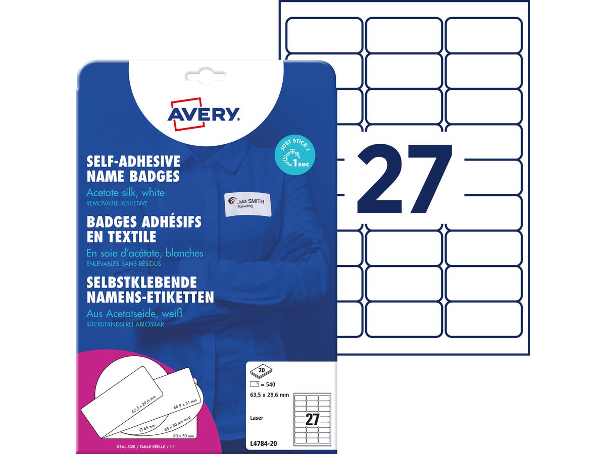 AVERY ZWECKFORM Namensetiketten 63.5x29.6mm L4784-20 Laser, weiss 20Bl./27Stk. (4004182047842)