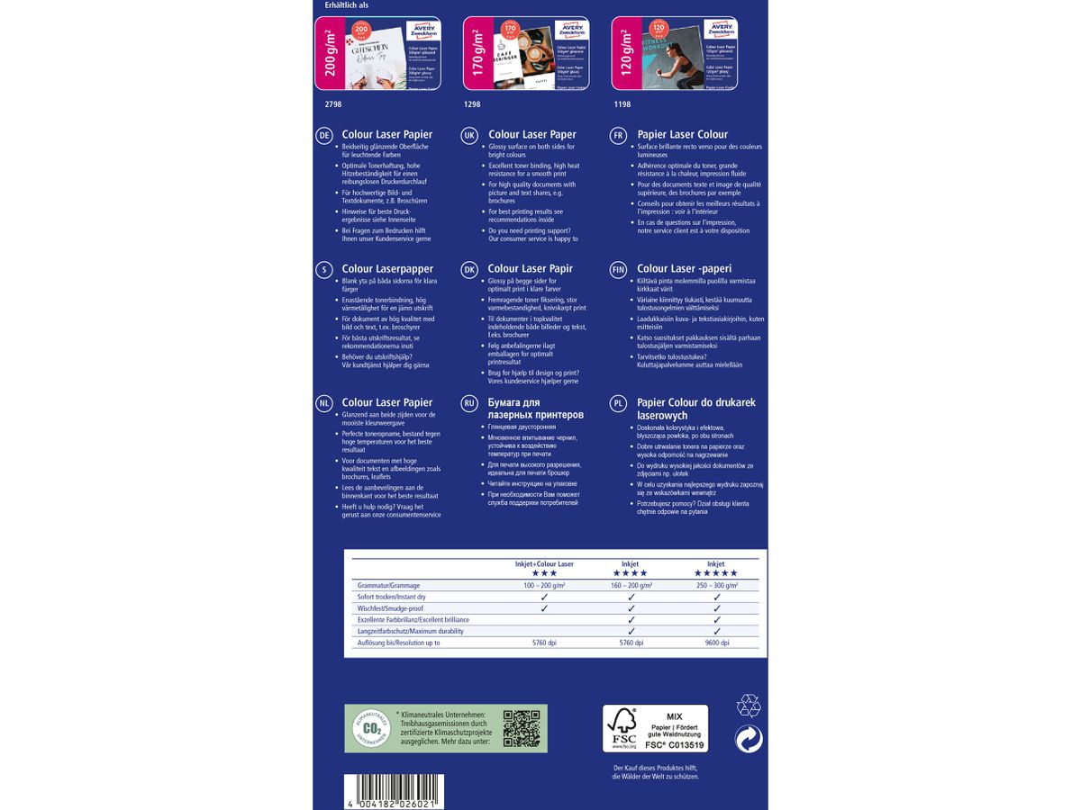 AVERY ZWECKFORM Laser Photo Paper A4 2798 200g, blanc 100 feuilles (4004182026021)