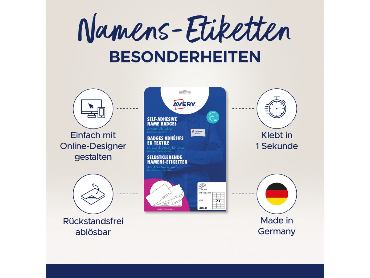 AVERY ZWECKFORM Namensetiketten 63.5x29.6mm L4784-20 Laser, weiss 20Bl./27Stk. (4004182047842)