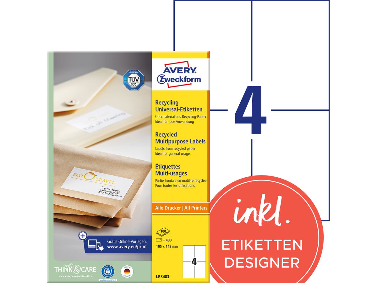 AVERY ZWECKFORM Etichette 105x148mm LR3483 recycling 400 pezzi (4004182035412)