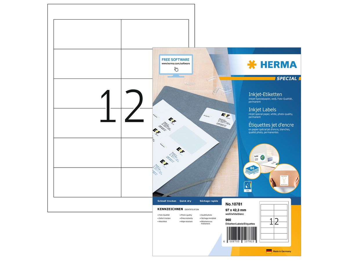 HERMA Etiketten Inkjet 97x42.3mm 10781 weiss 960 Stk./80 Blatt (4008705107815)