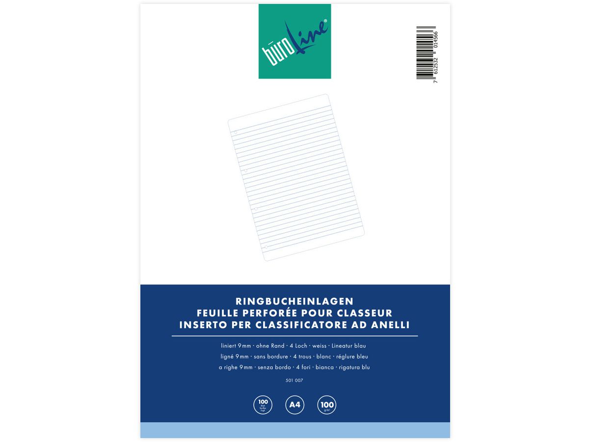 BÜROLINE Inserto p. class. anello A4 501007 rigato,9mm, 100g 100 fogli (7612532014566)