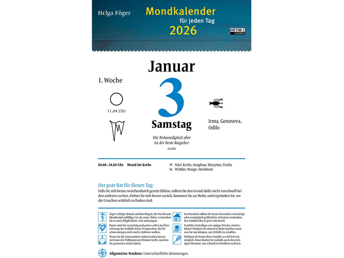 HEYNE Mondkalender f.jeden Tag 2026 9783453239555 1T/1S DE 13x18.5cm (9783453239555)