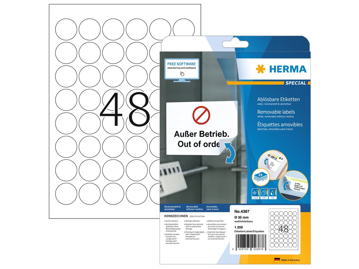 HERMA Etich. universali 30mm 4387 bianco 1200 pz./25 fl. (4008705043878)