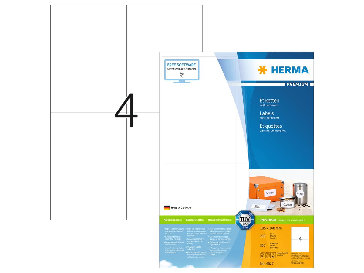 HERMA Universal-Etiketten 105x148mm 4627 weiss 800 St./200 Blatt (4008705046275)
