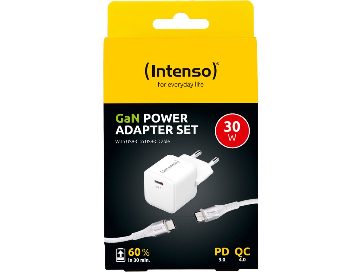 INTENSO Power Charger 30W GaN 1x USB-C 7803042 + Cable USB-C to USB C white (4034303034086)