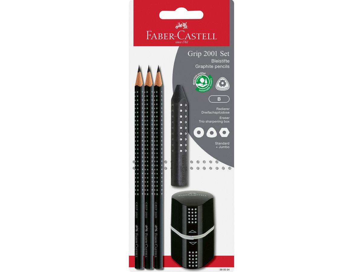 FABER-CASTELL Matita, Gomma, Tempramatite B 580024 Grip 2001 Set, nero (4005405800244)